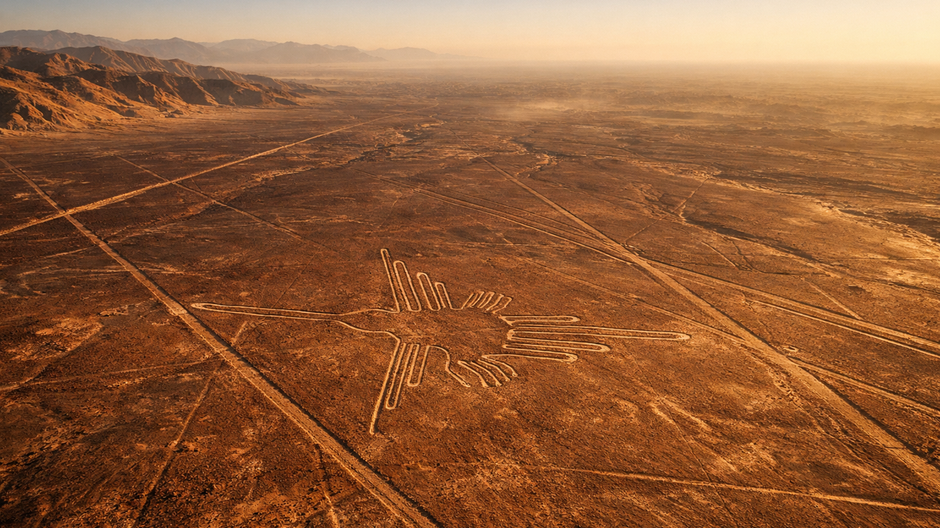 Letecký pohľad na púštnu plošinu Nazca v Peru počas zlatej hodiny, s výrazným geoglyfom kolibríka a dlhými priamymi líniami vyrytými do červenkastého povrchu púšte, osvetlenými nízkym slnkom a s jemným oparom na horizonte.