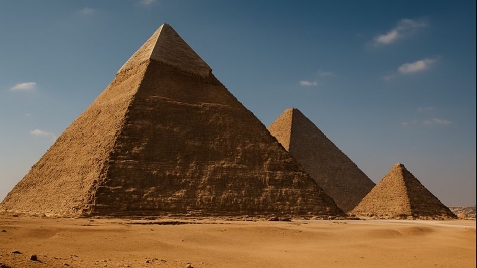 Realistický pohľad na tri pyramídy v Gíze za jasného dňa, so zlatým pieskom a modrou oblohou