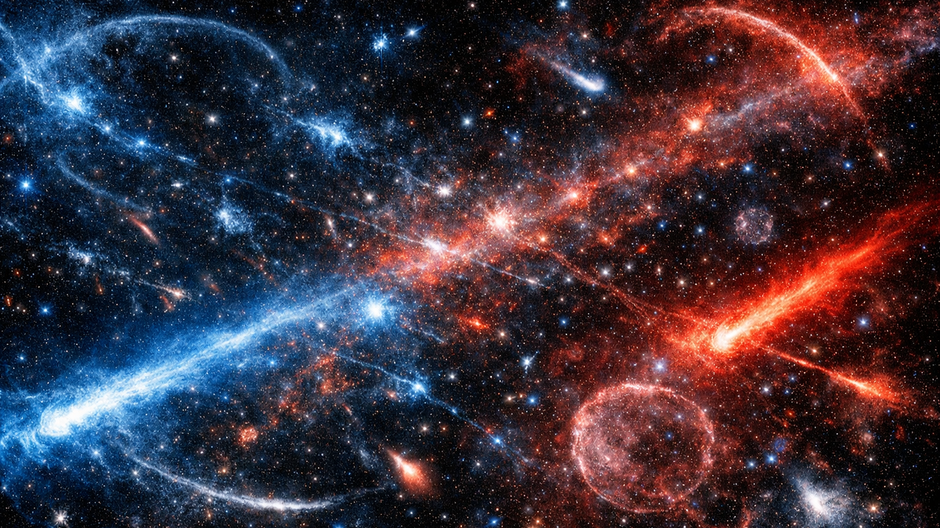 Fotorealistická vizualizácia rádiovej mapy vesmíru s tisíckami žiariacich zdrojov, výtryskami čiernych dier a stopami po kolíziách galaxií