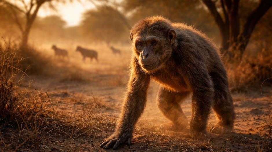 Rekonštrukcia malého pravekého primáta Graecopithecus v otvorenej krajine neskorého miocénu v Bulharsku.