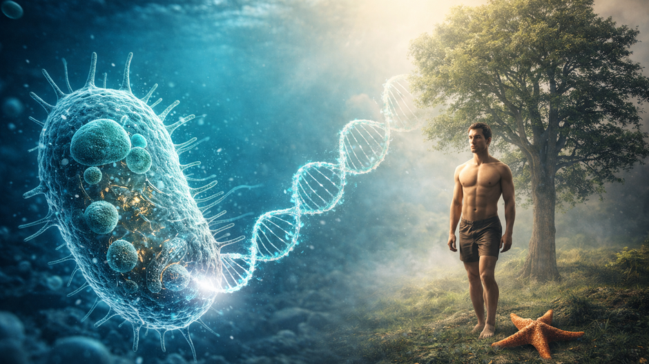 Fotorealistická ilustrácia znázorňujúca prechod od prastarej jednobunkovej formy života k rozmanitým eukaryotom, symbolicky spojeným cez DNA v prírodnom prostredí.