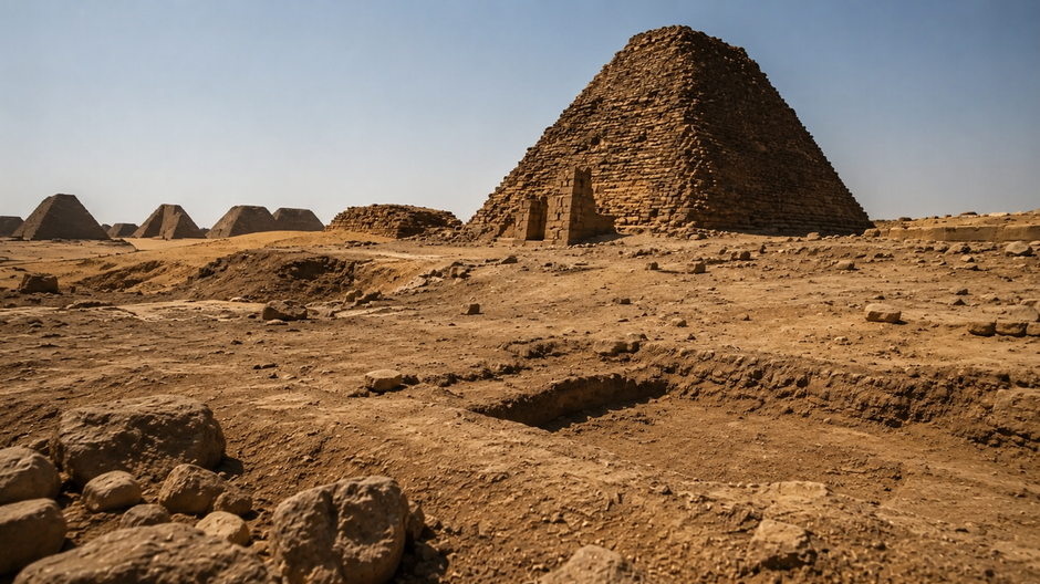 Archeologický výskum pri starovekých pyramídach v Sudáne s odkrytými ľudskými pozostatkami.