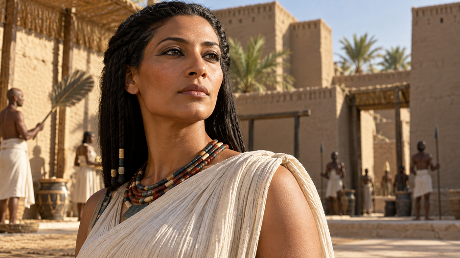 Ilustračná rekonštrukcia panovníčky Meretneith v prostredí raného starovekého Egypta.