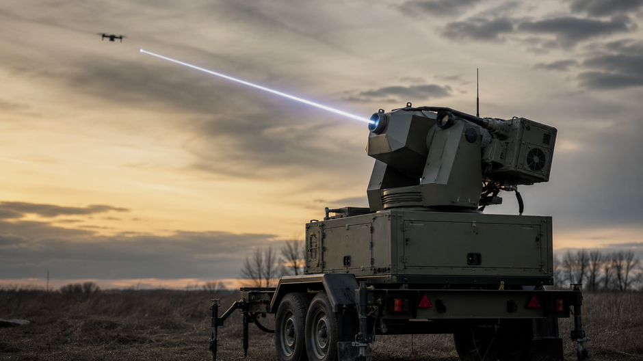Mobilný ukrajinský laserový systém Tryzub na prívese sleduje dron na oblohe počas testovania.