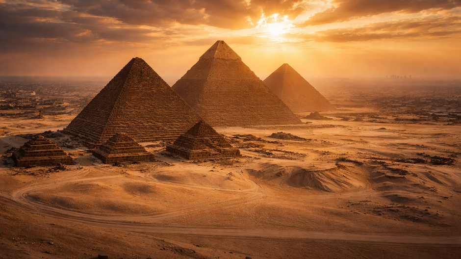 Letecký pohľad na pyramídy v Gíze pri západe slnka, kde vedci objavili záhadnú podzemnú štruktúru pod pieskom púšte.