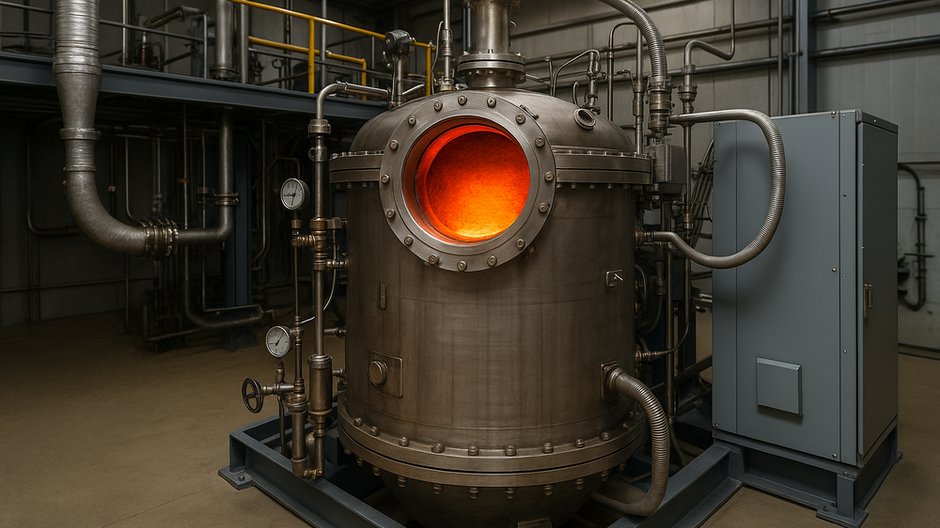 Modulárny roztavený soľný reaktor Thorizon One vo vývojovej hale, so žiariacim reaktorovým jadrom a rozvodmi v priemyselnom prostredí.