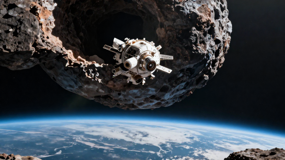 Ilustrácia vesmírnej sondy smerujúcej k veľkému asteroidu s planétou Zem v pozadí.