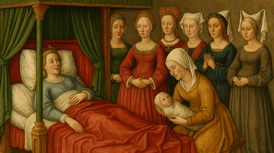 Historická maľba znázorňujúca pôrod kráľovnej v stredovekej miestnosti, obklopenej svedkami dvora v období monarchie.