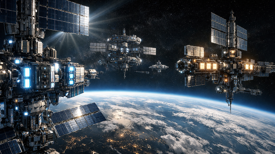 Vizualizácia satelitov na obežnej dráhe Zeme, ktoré fungujú ako dátové centrá pre umelú inteligenciu