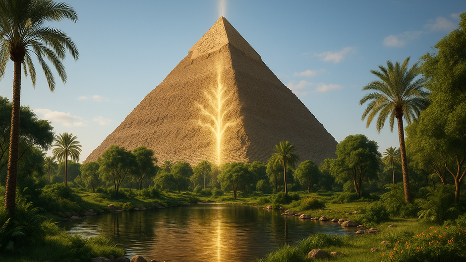 Veľká pyramída v Gíze obklopená zeleňou a vodou, v zlatom svetle pripomínajúcom biblickú Záhradu Eden.