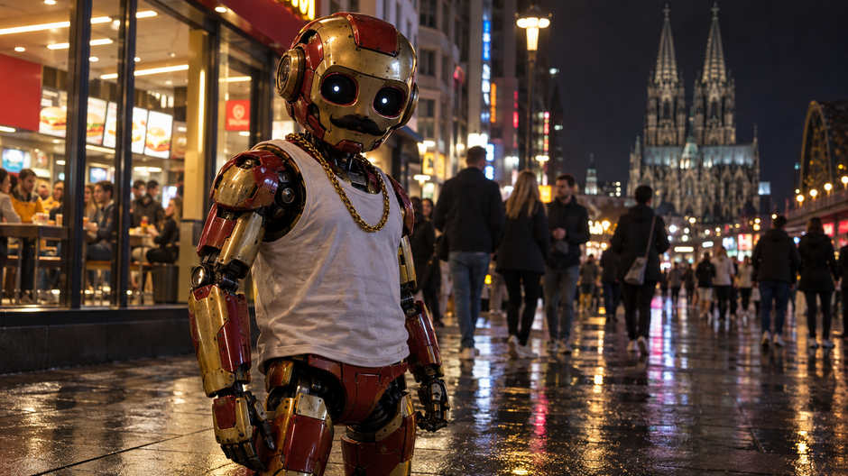 Červeno-zlatý humanoidný robot na nočnej ulici v nemeckom Kolíne nad Rýnom.