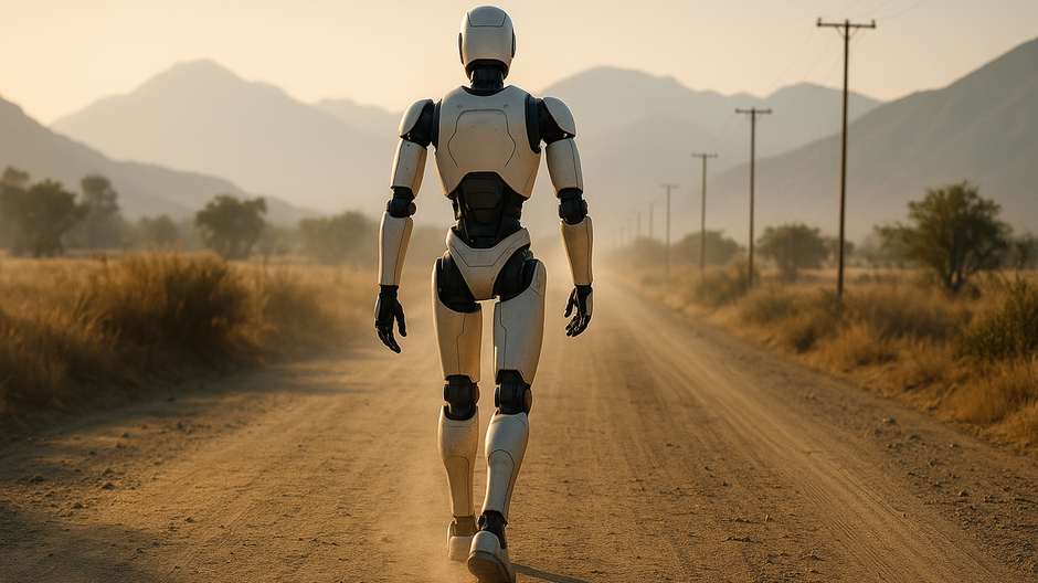 Humanoidný robot kráča po prašnej vidieckej ceste pri východe slnka, smerom k horám, s dlhým tieňom a pustou krajinou v pozadí.