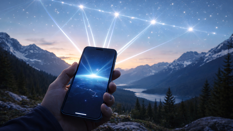 Smartfón v odľahlej horskej oblasti sa pripája na satelitnú sieť Starlink bez mobilných vysielačov v okolí.