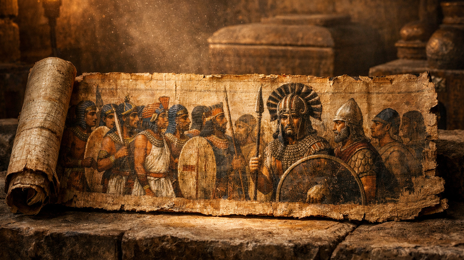 Čiastočne rozvinutý maľovaný papyrus v staroegyptskej hrobke zobrazuje egyptských vojakov a cudzích bojovníkov vrátane postavy s mykénskou prilbou z kaních klov.