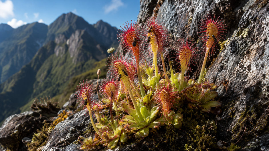 Detail rastliny Saxifraga candelabrum s lepkavými chĺpkami zachytávajúcimi drobný hmyz na horskej skale v Číne.