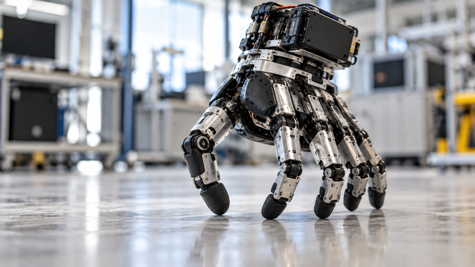 Vizualizácia samostatnej päťprstej robotickej ruky pohybujúcej sa po podlahe laboratória.