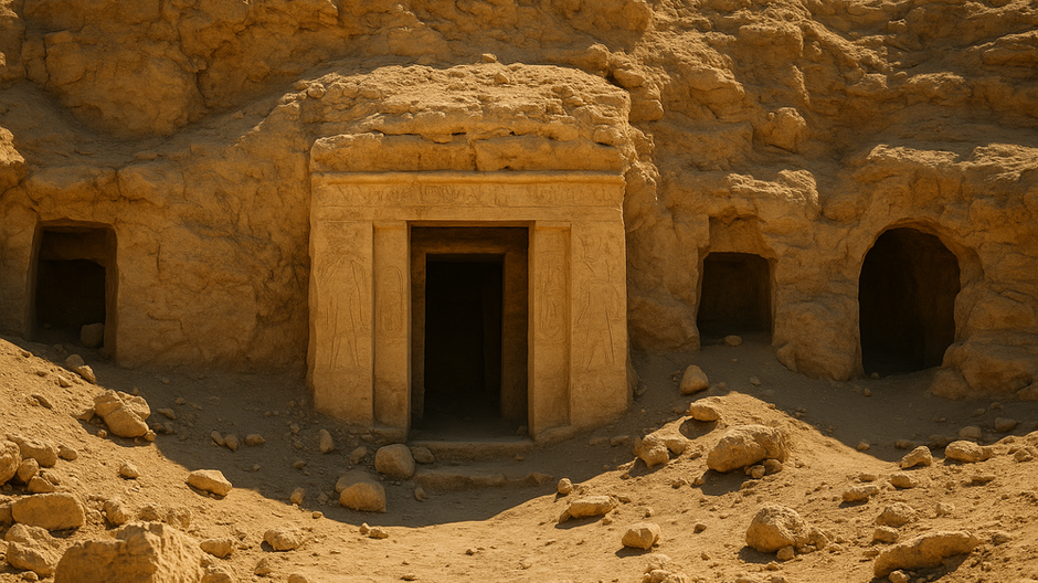 Vysokokvalitný záber vchodu do staroegyptskej hrobky vytesaného do skaly, obklopeného kamennými blokmi a pieskovou krajinou v Luxore