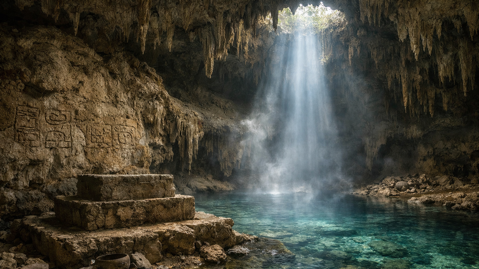 Rozsiahly podzemný jaskynný systém pod polostrovom Yucatán s tyrkysovou vodou v cenote, kamenným oltárom a mayskými glyfmi na vápencových stenách, osvetlený dramatickým lúčom svetla prenikajúcim cez otvor v džungli nad jaskyňou.