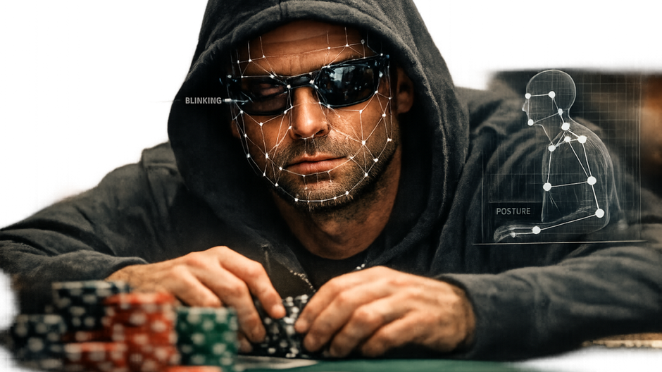 Profesionálny pokerový hráč pri stole, zatiaľ čo umelá inteligencia analyzuje jeho tvár a reč tela.