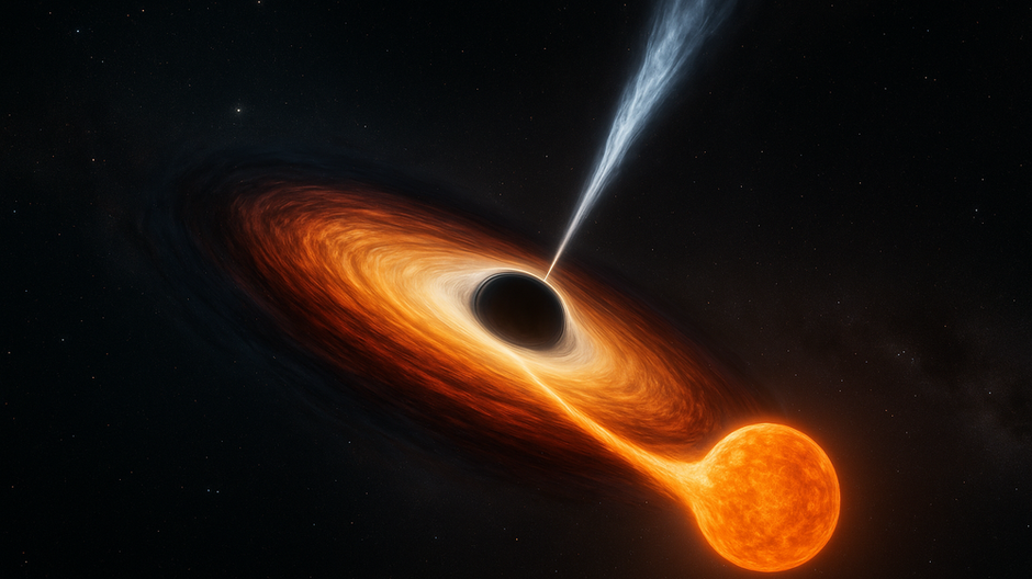Fotorealistická vesmírna ilustrácia zobrazuje moment, keď čierna diera pohlcuje oranžovú hviezdu a vytvára akrečný disk s prúdom plazmy
