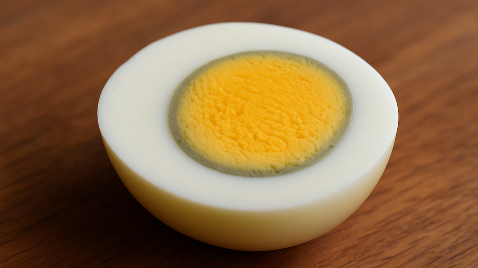 Close-up of a boiled egg with a greenish yolk caused by sulfur and iron reaction