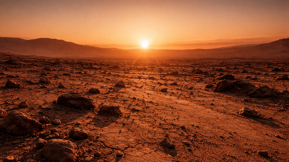 Fotorealistický pohľad na povrch Marsu pri západe slnka s červeným prachom, popraskanou pôdou, roztrúsenými kameňmi a dlhými tieňmi pod nízkym Slnkom na horizonte.