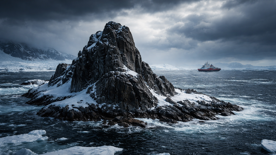 Novoobjavený skalnatý ostrov vyčnievajúci z ľadu vo Weddellovom mori pri Antarktíde.