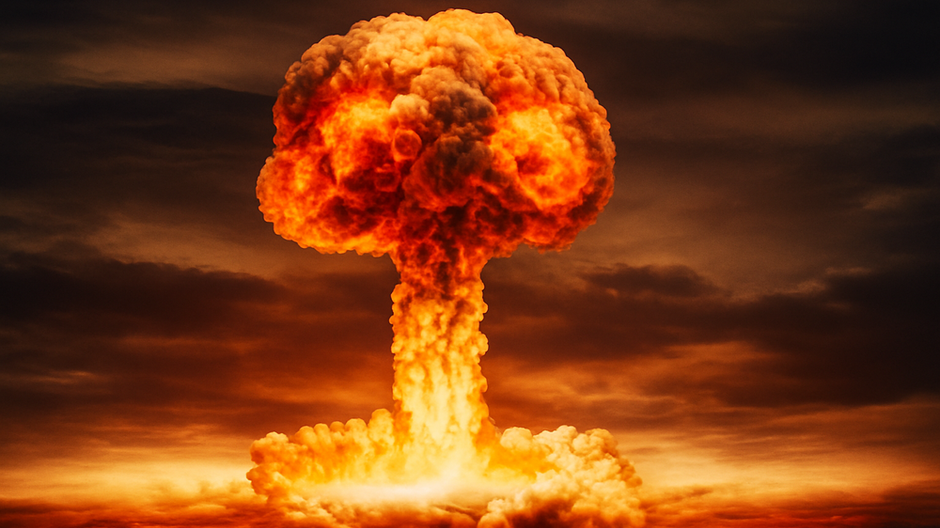 Hríb po jadrovom výbuchu pri západe slnka, symbolizujúci devastáciu Hirošimy a Nagasaki.