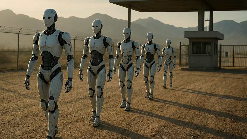 Rad futuristických humanoidných robotov kráčajúcich popri vonkajšom kontrolnom stanovišti v zaprášenom prostredí, s horami v pozadí a mäkkým večerným svetlom v dokumentárnom štýle.