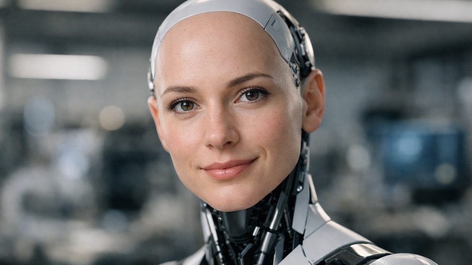 Detailný portrét humanoidného robota s jemnou syntetickou pokožkou, prirodzeným úsmevom a mikro-výrazmi tváre, nasvietený štúdiovým svetlom, s rozostreným moderným robotickým laboratóriom v pozadí.