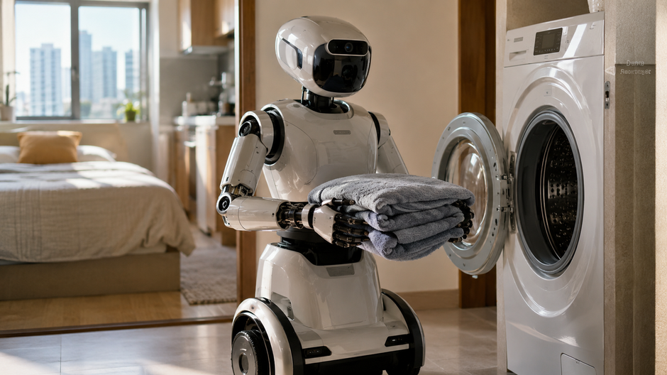 Humanoidný robot v modernej domácnosti pripravuje bielizeň pri práčke.