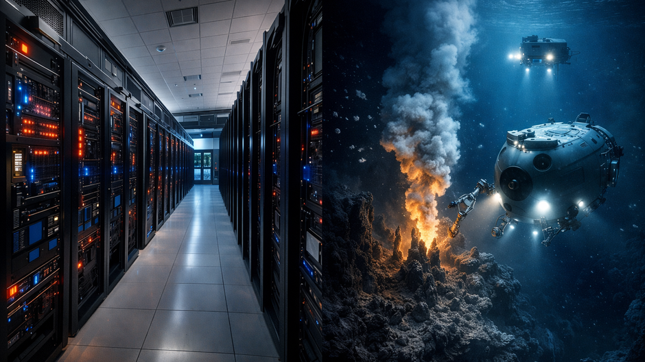 Fotorealistická kompozícia zobrazujúca moderné dátové centrum so superpočítačmi a autonómny hlbokomorský modul skúmajúci hydrotermálny prieduch v temných hlbinách oceánu.