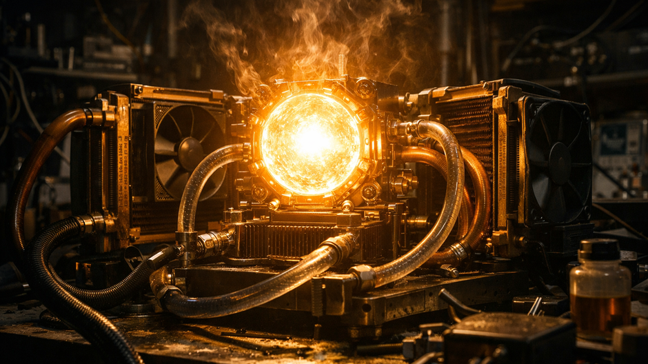 Domáci LED modul prezývaný mini Slnko s vodným chladením a medenými radiátormi v tmavej dielni