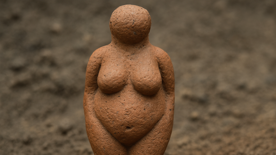 Detailná snímka hlinenej figúrky venuše s oblinami a bez čŕt tváre, objavenej pri rieke Świder v Poľsku