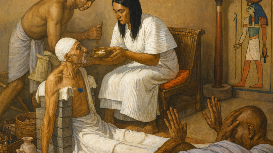 Maliarska rekonštrukcia scény zo starovekého Egypta, kde liečiteľ podáva pacientovi liečivú zmes