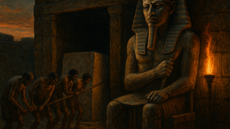 Otroci tlačia kamenný blok do temnej hrobky za pohľadu monumentálnej sochy egyptského faraóna, scéna je osvetlená plameňom fakle a zaliata súmrakom.