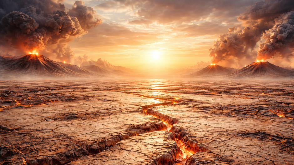 Rozpálená suchá krajina budúceho superkontinentu Pangea Ultima s dramatickým svetlom a vulkanickým oparom