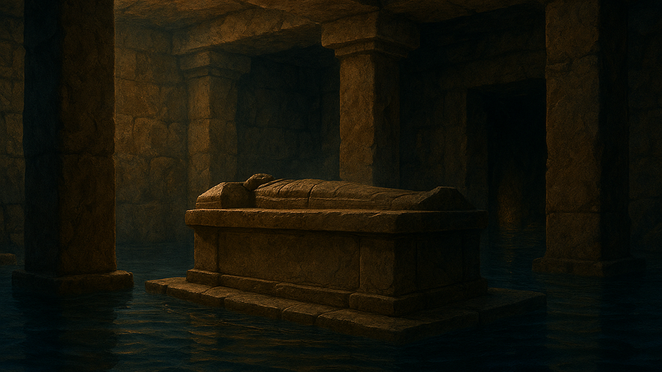 Digitálna maľba zobrazujúca zatopenú starovekú šachtu s kamenným sarkofágom uprostred, osvetlenú tlmeným svetlom medzi masívnymi piliermi.