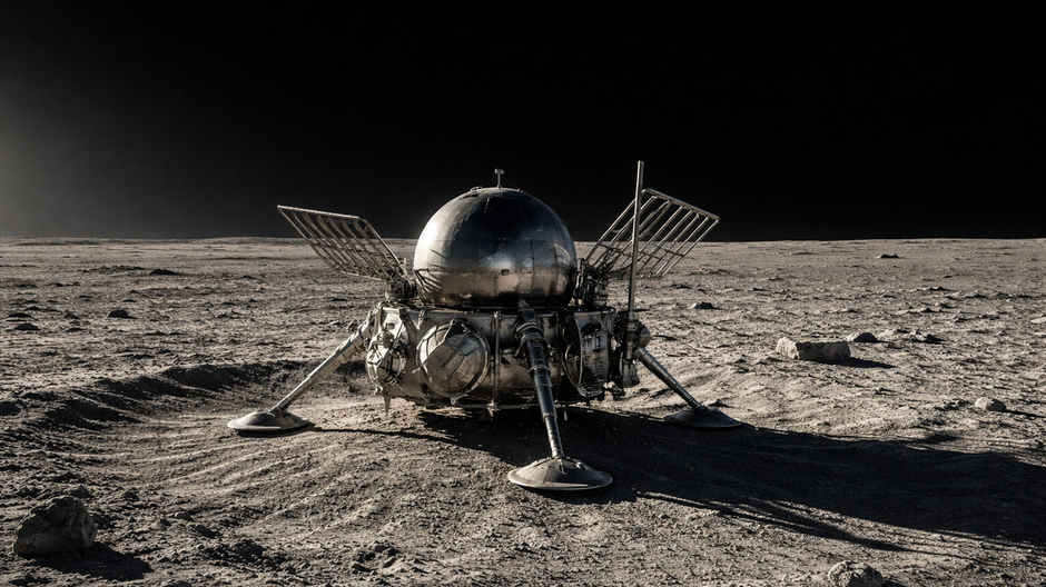 Fotorealistický záber sovietskeho pristávacieho modulu Luna 9 na mesačnom povrchu v oblasti Oceanus Procellarum, so sférickou kapsulou, rozloženými anténami a dlhými tieňmi vrhanými nízkym uhlom Slnka, ostrá textúra regolitu a čierna obloha bez hviezd.