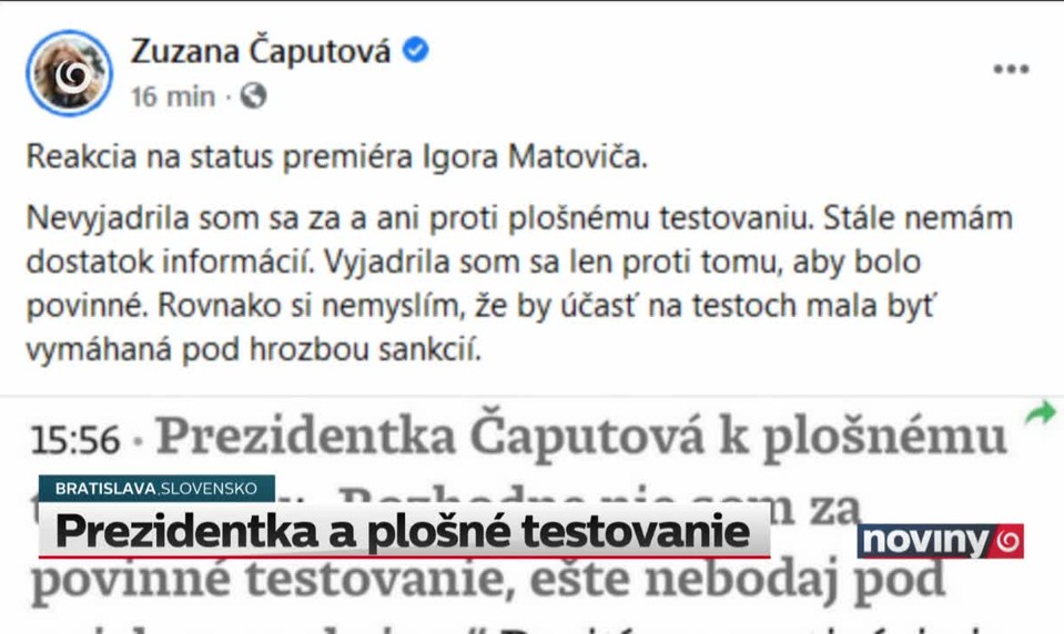 Prezidentka a plošné testovanie