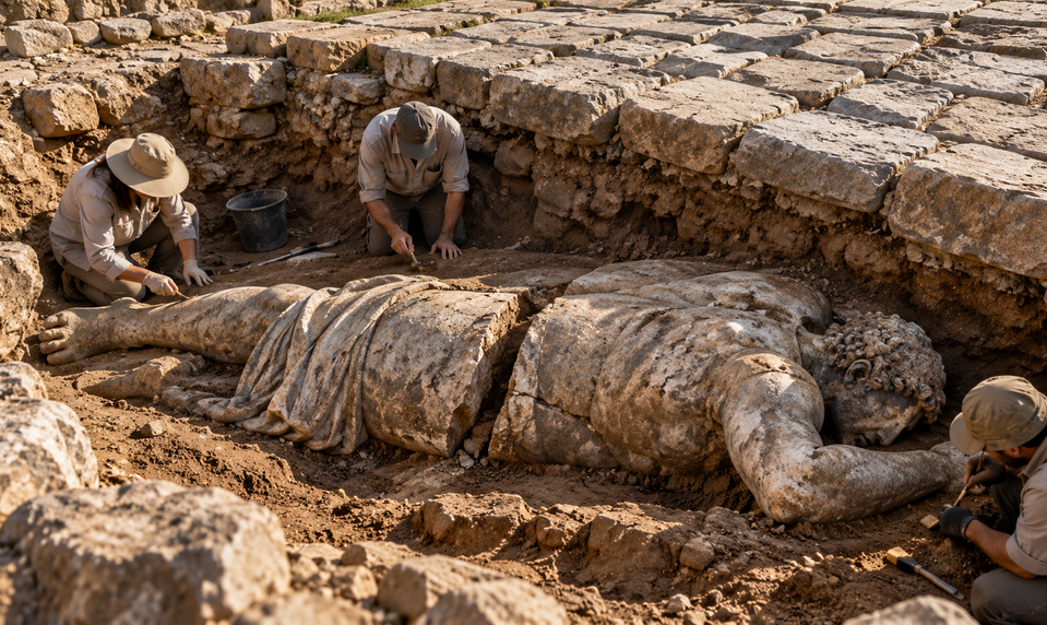 Archeológovia našli vyše dvojmetrovú sochu. Ležala tvárou nadol