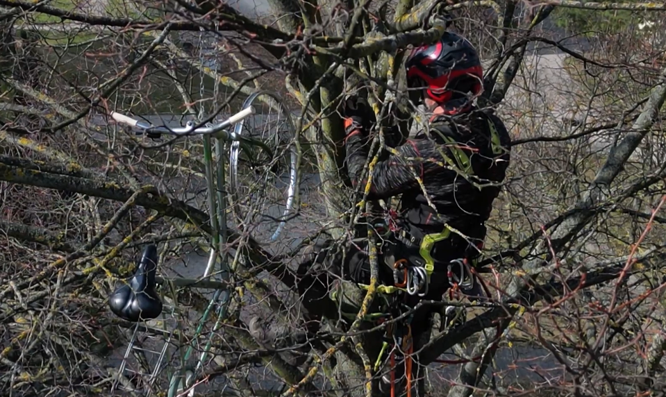 Kuriózny nález pri pieskovisku: Bicykel bol zamknutý na konári stromu