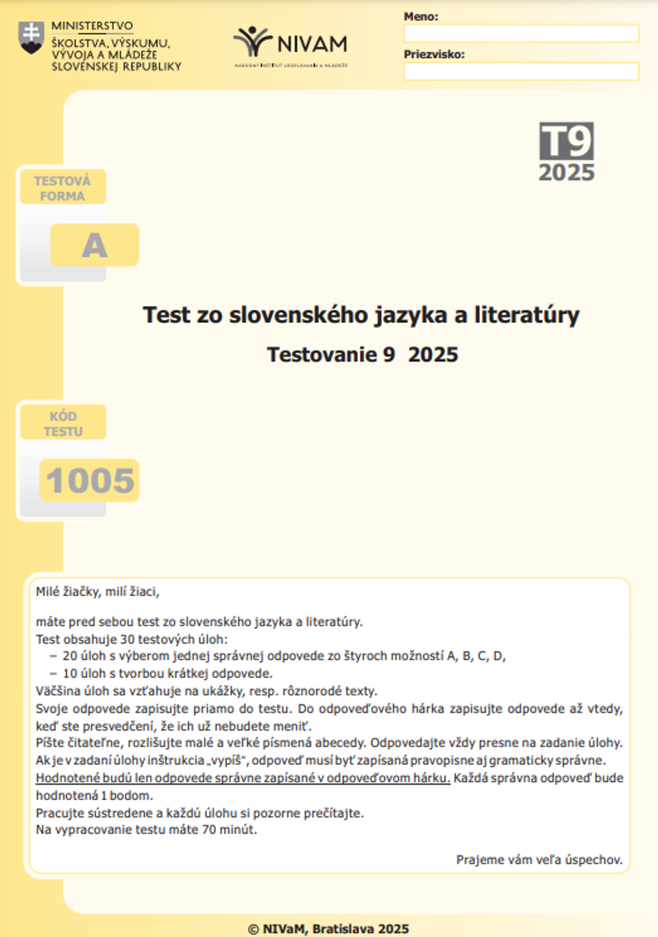 testovanie 9 slovenský jazyk