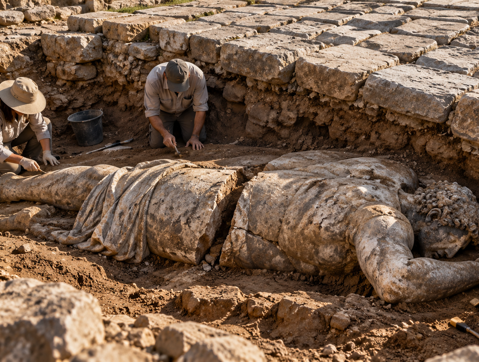 Archeológovia našli vyše dvojmetrovú sochu. Ležala tvárou nadol