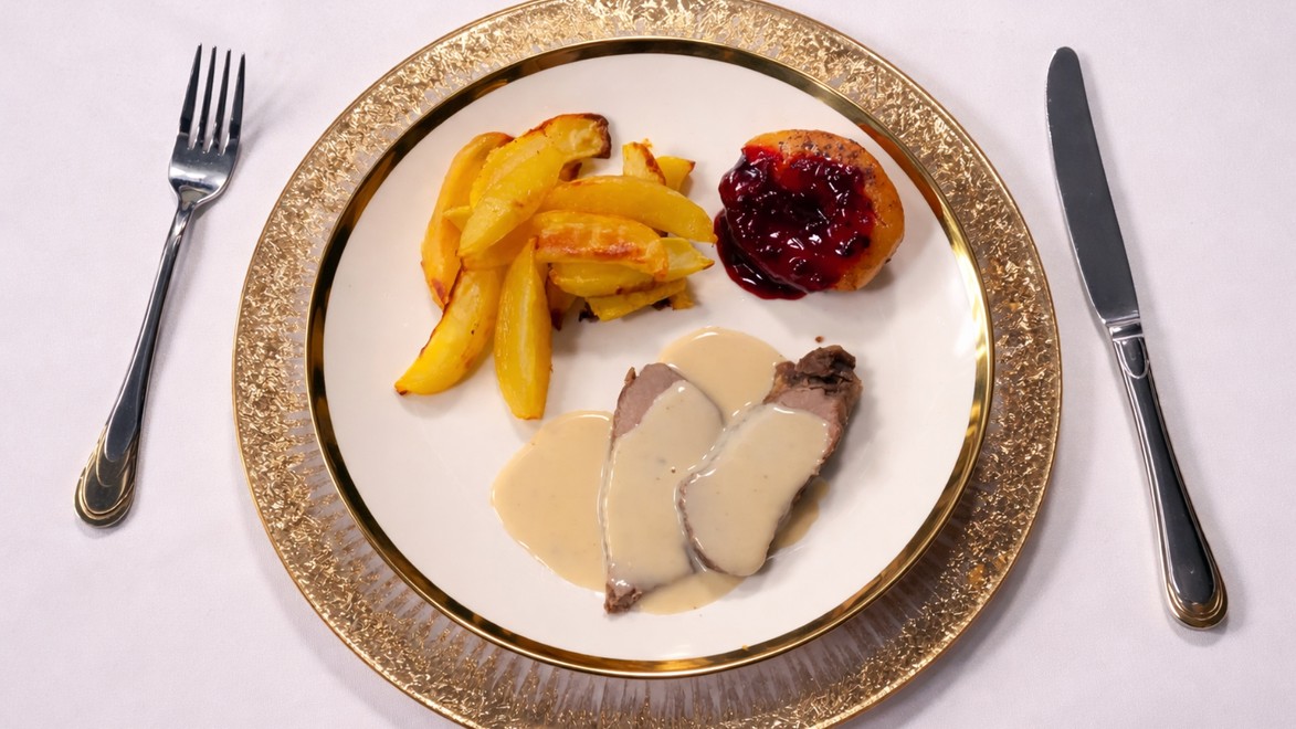 Jelenie stehno so smotanovou omáčkou, hruškou a zemiakmi