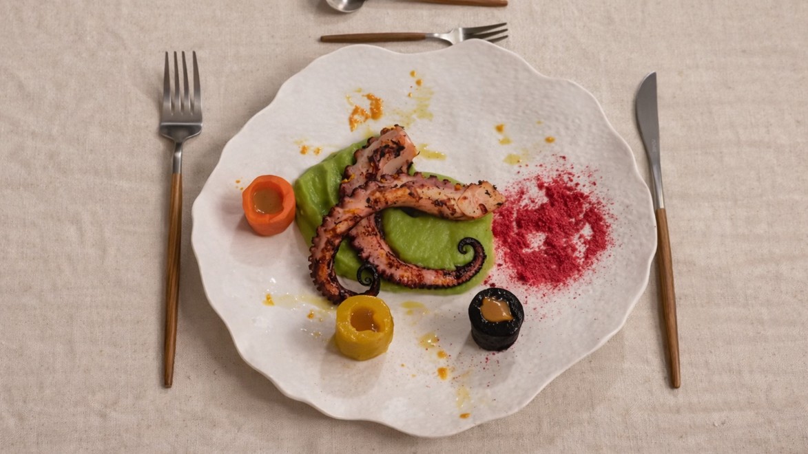 Chobotnica s bazalkovo-limetkovým pyré a zeleninou